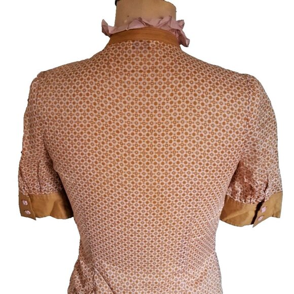 Cute ruffled Penguin pink and tan geometric print button down cotton shirt top - Picture 9 of 11